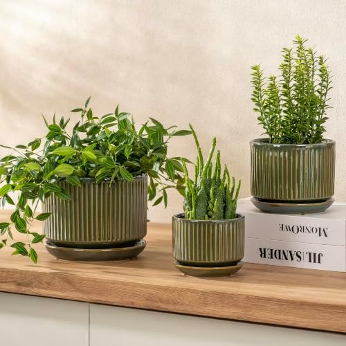 SURE YUESI Ceramic Plant Flower Pots for Indoor Plant, 4.33"+5.5"+6.88", Set of 3, Orchid Pot with Drainage Hole, Saucer and Hole Mesh Pad for Succulents, Herbs and African Violet (Light Green) - Image 3