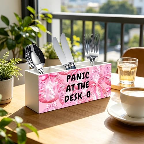 Funny Office Humor Pen Pencil Holder Organizer, Pink Office Desks Decor Accessories, Panic at the Desk-o Funky Y2K Pink Disco Ball Wood Signs for Cubicle Workplace Desk Tabletop Decor - Image 2