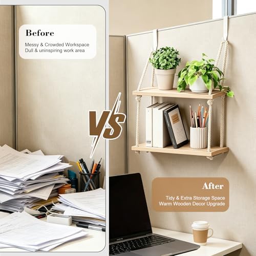 2 Tier Cubicle Shelf with Hooks, Wooden Hanging Organizer for Office - Image 2