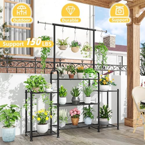 Simple Trending Plant Stand Indoor Outdoor, Metal 3 Tier Tall Hanging Plant Shelf for Multiple Flower Planter Large Heavy Duty Ladder Plant Holder for Garden, Black - Image 2