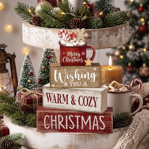 Moucuny 4 Pcs Christmas Coffee Table Decor for Home Kitchen, Wooden Cocoa - Image 5