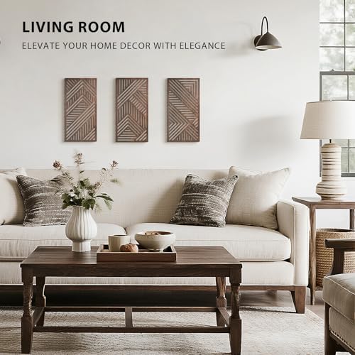 VIYYIEA Boho Solid Wood Carved Wall Art Set of 3, Geometric Minimalist Wooden Home Decor Panels, Handcrafted Solid Wood Wall Hanging for Living Room Bedroom Hallway, 16 x 8 Inch Each (Sunset Brown) - Image 5