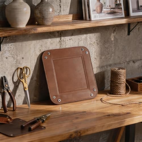 Valet Tray Desktop Storage Organizer – Vegan Leather Catchall Tray Bedside Vanity Tray Nightstand Caddy Holder for Remote Controller, Watch, Keys, Phone, Wallet, Coin, Jewelry, Brown - Image 2