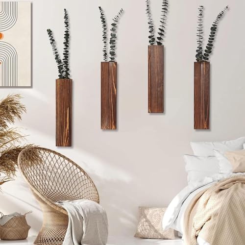 Wooden Wall Planter Set of 4 - Modern Home Decor for Living Room, Bedroom, Bathroom - Walnut Finish Planter for Dried Flowers, Faux Greenery, Indoor Plants - Image 6