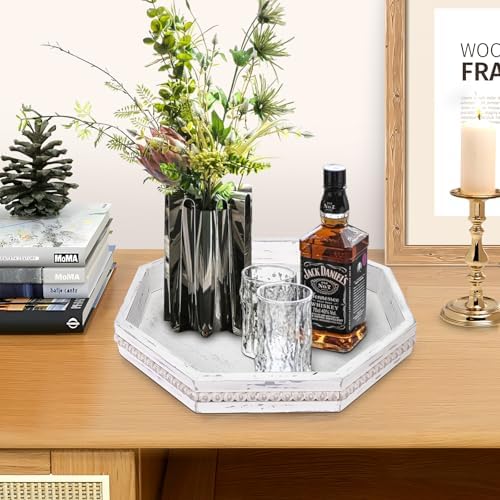 Wooden Decorative Tray, Small Serving Tray with Wood Bead, Farmhouse Big Tray for Ottoman, Countertop, Coffee Tabl, 13" x 13"x 1.6" (Retro White) - Image 3