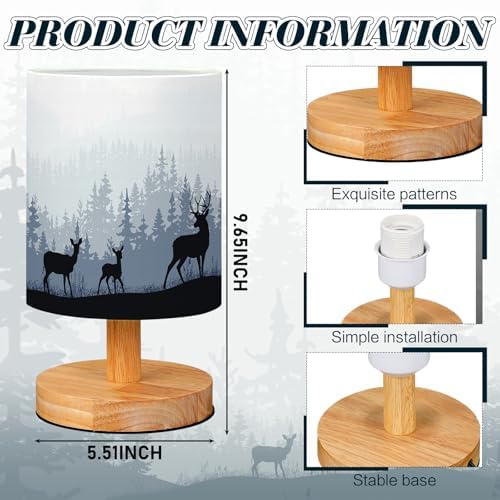 VIHOSE Bedside Table Lamp Table Lamp Vintage Nightstand with Linen Fabric Shade Solid Wood Base Decoration for Kids Living Room Bedroom Desk Dorm(Watercolor Forest Deer,Green) - Image 6