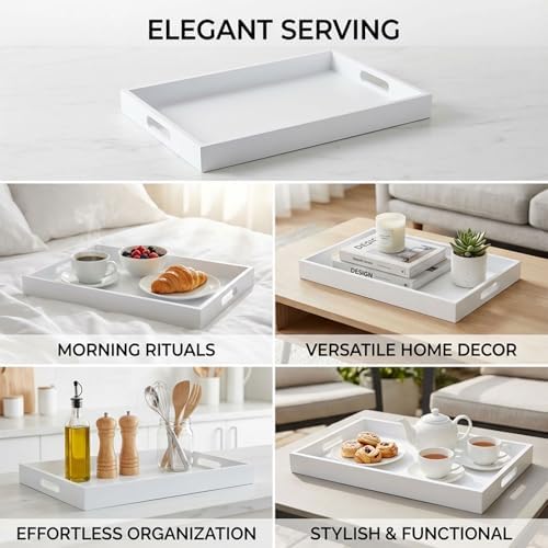 Krismax Wooden Serving Tray with Handles, Serving Platter 15.7x11.4 Inch Food Drinks Tray for Coffee Table,Decorative Storage Tray for Entertaining, Breakfast Tray in Bed,Lunch,Dinner,BBQ(White) - Image 3