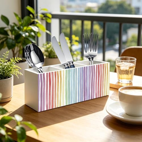 Boho Rainbow Striped Pen Pencil Holder Organizer for Office Classroom Desk Decor Accessories, Watercolor Colorful Rainbow Wood Signs Makeup Brush Toothbrush Holder for Bathroom Vanity - Image 2