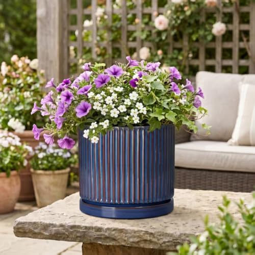 Ceramic Planter, 10 Inch Plant Pots with Saucer, Retro Blue - Image 5