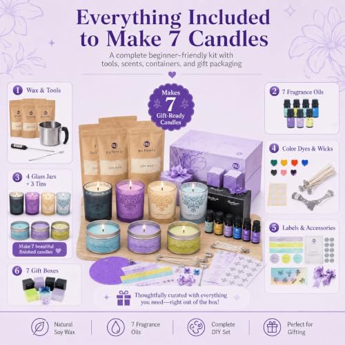 RU HANDMADE DIY Candle Making Kit for Adults – Soy Wax Candle Kit for Beginners, Make 7 Full-Size Candles with 7 Gift Boxes, 1120g Wax, 7×10ml Fragrance Oils, 4 Glass 7oz Jars & 3 Tins - Image 3