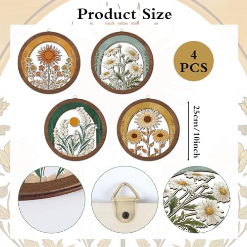 HPNIUB Vintage Flower Wall Decor, Farmhouse Sunflower Daisy Geometric Hanging Wooden Wall Art, 4 Pieces 10''x10'' Minimalist Boho Sun&Floral Wood Sign for Girls Bedroom Living Room Office - Image 2