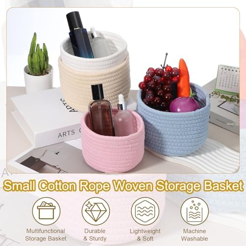 uxcell Blue Small Cotton Rope Woven Storage Basket, Shelf Closet Storage Gift Woven Baskets Cute Nursery Box Bin Decor Organization Bin for Home Supply, Round, 5.6x3.6 - Image 3