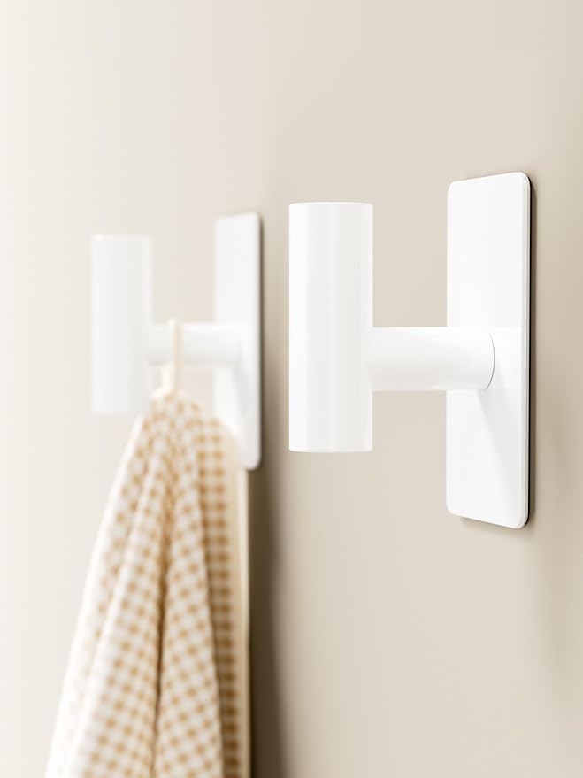 Towel Hooks for Bathrooms – 2 Pack, Smooth White Finish, T-Shaped Stainless Steel Adhesive Wall Hooks for Robes & Towels in Kitchen, Shower, or Closet