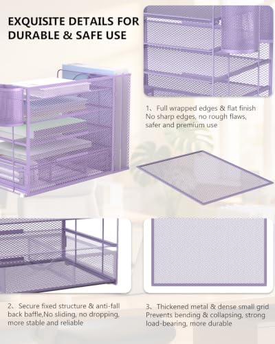 WALI Desk File Organizer, 5 Tier Desktop Paper Letter Tray Organizer with Drawer and 2 Pen Holders, Office Desk Accessories & Workspace Organizers for Office, Home Supplies(DO006DH-V), 1 Pack, Purple - Image 5