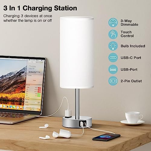 Fenmzee White Bedside Lamp for Bedroom, Dimmable Touch, USB A+C, AC Outlet - Image 3