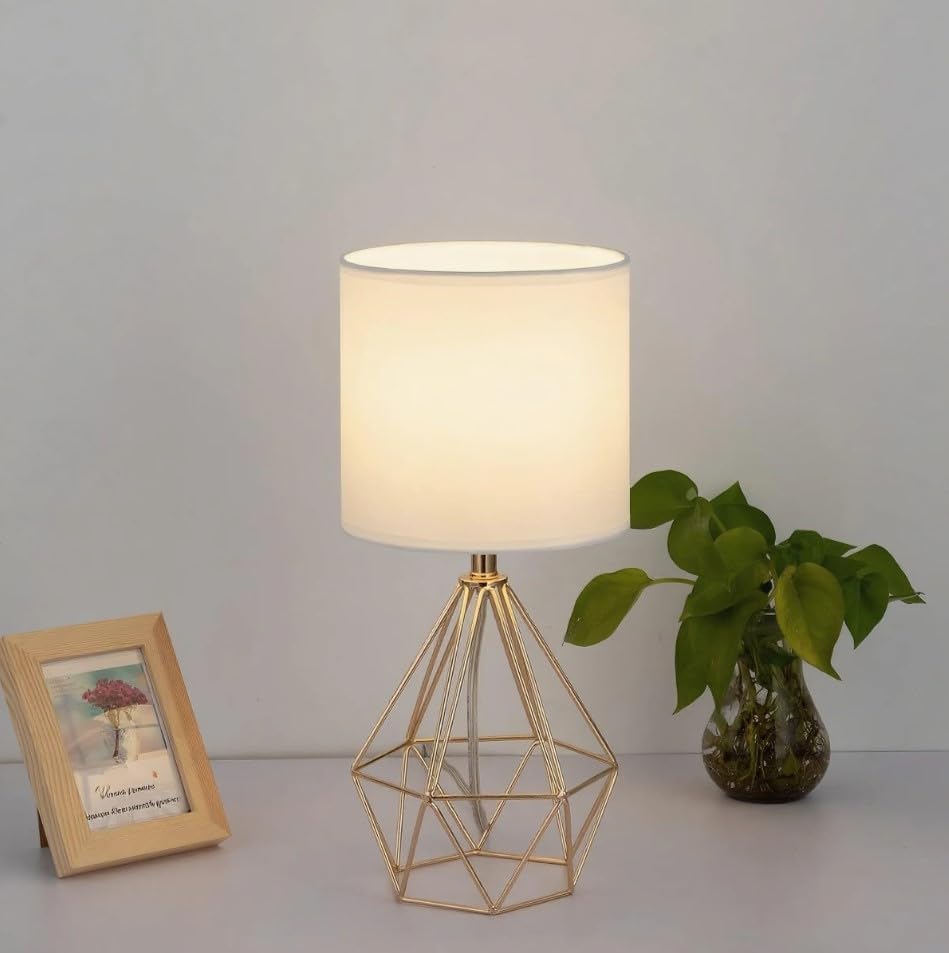 Gold Small Table Lamp Set of 2, Modern Bedside Nightstand Lamps with Geometric Metal Base White Fabric Shade, Cute Desk Lamp for Living Room Bedroom - Image 6