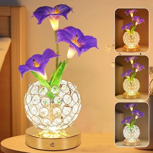 Flower Table Lamp, 3 Colors Touch Stepless Dimming Crystal Night Light, Rechargeable Artificial Morning Glory Light, LED Flower with Vase Lamp Romantic Decor for Date Party Home (Morning Glory-Purple) by Strackvial