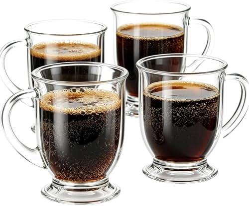 Set of 4 Clear Glass Coffee Mugs,16 OZ Large Beer Cups,Diner Coffee Cup with Handle Bottom is Circular Mug for Men and Women for Hot Beverages,Tea, Cappuccino, Latte, Espresso, Juice Mothers Gifts by NBABSR