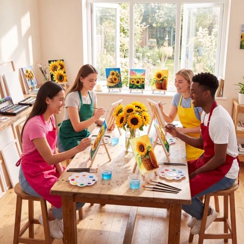 Cholemy 6 Set Paint and Sip Kit for Adults 8"x 10" Pre Drawn Canvas Painting with Wooden Easel Acrylic Paint Wash Cup Brushes Palette Apron for Painting DIY Adult's Date Party Supplies(Sunflower) - Image 6