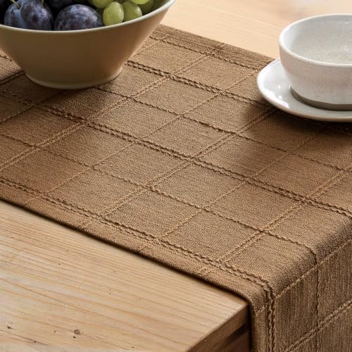 ZeeMart Linen Checked Farmhouse Table Runner, 13x36 Inches Roasted Brown - Image 5