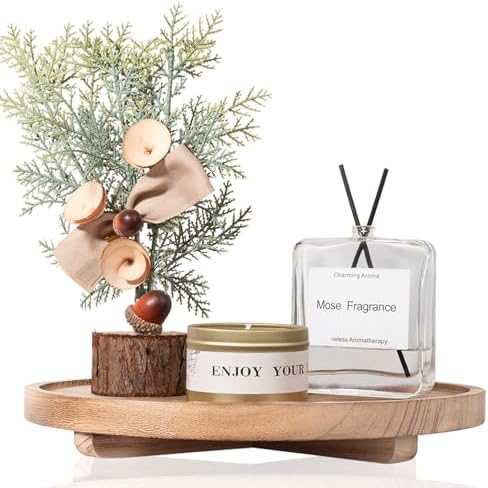 Round Decorative Tray Wood Bathroom Counter Organizer Farmhouse Kitchen Decor Wooden Riser for Soap Dish, Perfume, Candle, Sponge, 11" - Brown by zoocatia