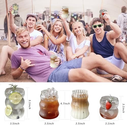Ribbed Glassware Water Tumbler, Wave Bubble Glasses Tumbler, Aesthetic Ripple Glass Tumbler,Cute Glass Tumbler for Iced Coffee Juice Drink Milk Tea,Beer, Coctail（Big Wave - Big Mouth） - Image 6