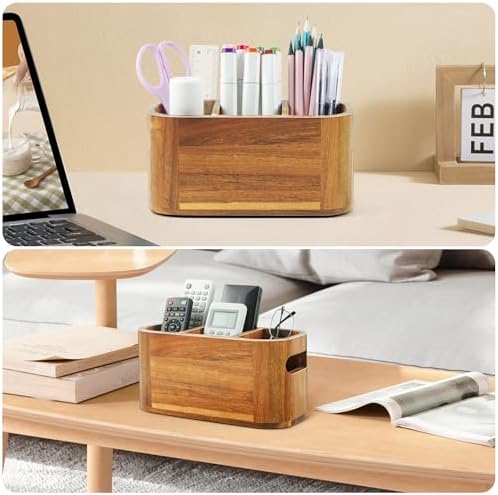 Acacia Pencil Pen Holder for Desk, Wooden Office Organizer with 3 Slots for Countertop, Makeup Brush Holder Remote Control Organizer for School Home Supplies - Image 6