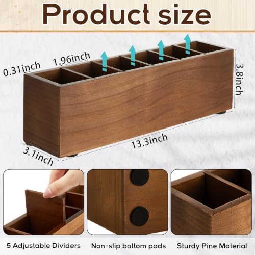 Jetec Wooden Pencil Pen Holder for Desk, Walnut, 6 Compartments - Image 2