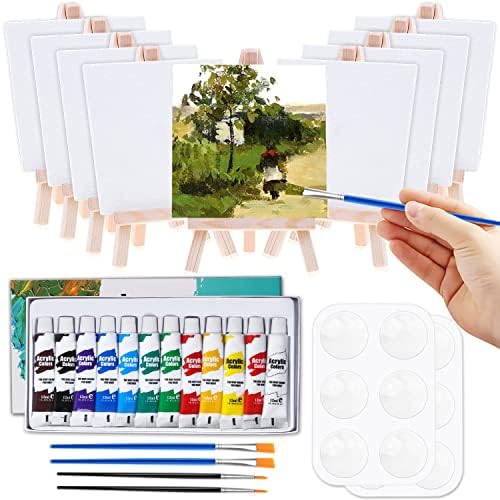 Mini Canvas and Easel, Cridoz 47 Pieces Small Canvas Painting Set Includes Mini Easel, Acrylic Paint, Paintbrushes and Palette for Artists Art Party Sip and Paint Night by cridoz