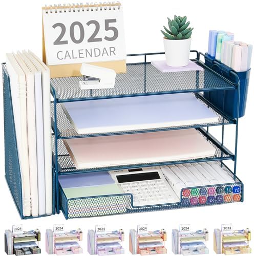 OPNICE Desk Organizer, 4-Tier Desktop File Organizer with Drawer and Pen Holders, Office Desk Accessories, File Sorters, Workspace Organizers for Office Supplies(Dark Blue) by OPNICE
