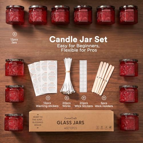 LumaCraft 12 Pack 4oz Glass Candle Jars with Lids, Hexagon Embossed Candle Making Containers, Empty Candle Jars with 20 Wicks & Labels for DIY Candle Making, Party Favors, Home Decor - Image 2