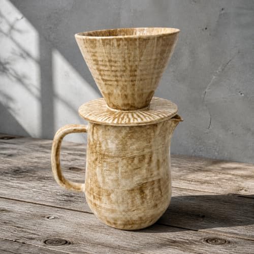Ceramic Pour Over Coffee Maker Set, 2-Piece Stoneware Coffee Dripper and Pitcher, Rustic Wheat Glaze Manual Coffee Brewer, 11.3 oz Coffee Server for Home Kitchen by Unknown