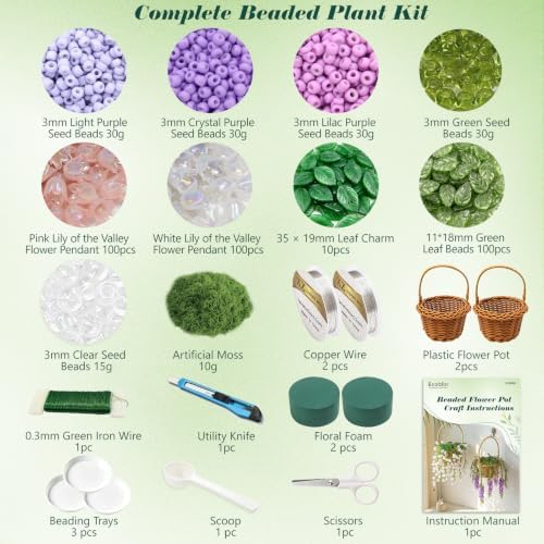 Ecoofor 4822-Pc DIY Beaded Flower Kit for Adults – Create Lily of the Valley & Wisteria Waterfalls, Complete Set with Beads, Wire, Moss, Faux Wicker Basket & Step-by-Step Instructions - Image 2