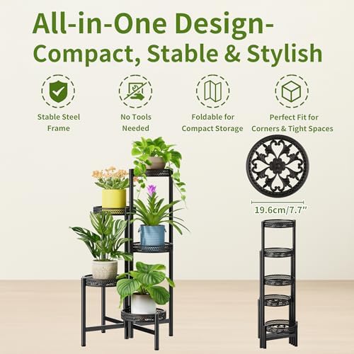 Plant Stand Indoor Outdoor, 5 Tier Corner Metal Flower Display Holder Shelf, Folding Tall Rack for Patio Balcony Porch Garden Living Room House, Heavy Duty Wrought Iron Plant Shelf- BlackWave - Image 5