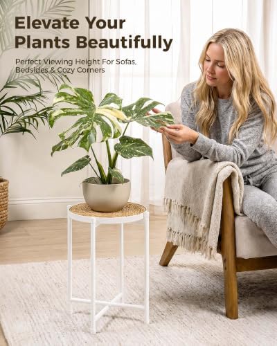 Bamworld Plant Stand Indoor Rattan Plant Table for Large Plants White - Image 3
