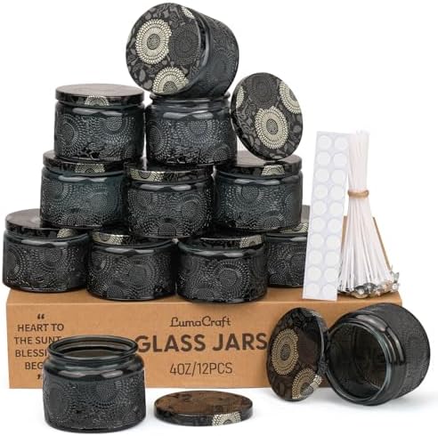 LumaCraft Luxury Embossed Glass Candle Jars for Making Candles - 12 Pack Empty Candle Containers with Airtight Metal Lids, 20 Wicks & 20 Stickers, Colored Glass Jars for Gifts & Decor-4oz by Unknown