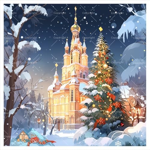 Christmas Church Paint by Numbers Kit for Adults - DIY Snowy Cathedral and Tree Painting on Canvas 7.87x7.87in, Framed Acrylic Paint Set, Suitable for Beginners, Art for Home Decoration or Gifts by Unknown