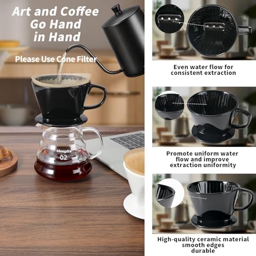 Mongdio Pour Over Coffee Maker, Ceramic Pour Over Dripper, Coffee Pour Over with 3 Holes Flat Bottom, Coffee Accessories for Home, Size 02 Black - Image 2