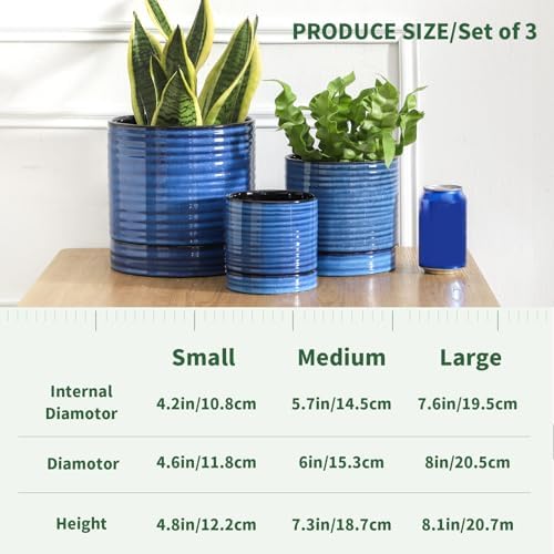 HASENSE Ceramic Pot for Indoor Plant, 8+6+4.6 Inch Planter with Drainage Holes and Saucer, Reactive Glaze Blue Flower Pots for Home Office Decor, Set of 3 - Image 3