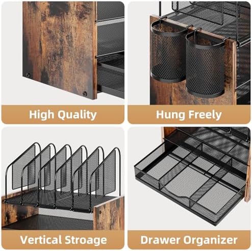 Marbrasse Desk Organizer with Drawer, 4-Tier Wooden File Organizer with 5 Vertical File Holders and 2 Pen Holders, Desk Organizers and Accessories for Home Office - Dark Brown - Image 2