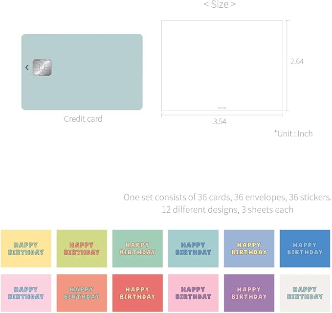 Monolike Day-by-day Card, Happy birthday-Candy pop - Mix 36 Mini Single cards, 36 envelopes, 36 stickers Package