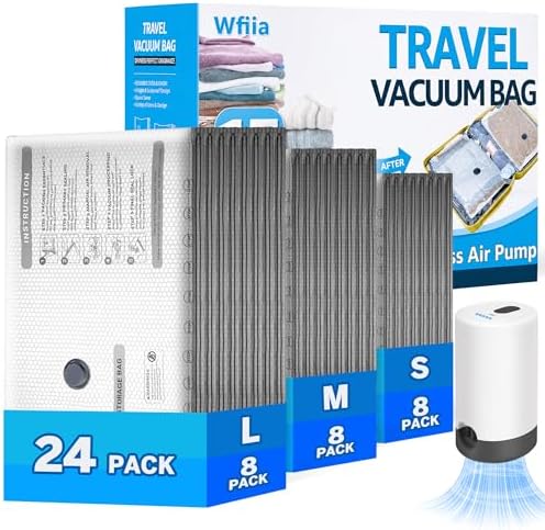 24 Packs Vacuum Bags for Travel with Rechargeable Pump, 3 Sizes Heavy Duty Vacuum Seal Bags for Clothing, Compression Vacuum Travel Bags for Luggage, Vacuum Packing Bags for Closet Organization by Wfiia