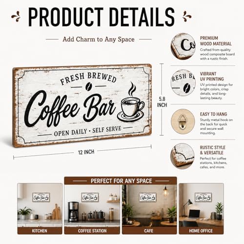 Rustic Coffee Bar Wooden Sign, Farmhouse Coffees Station Decor for Kitchen Counter, Small Cafe Plaque for Home Coffee Bar, Shelf and Countertop Decoration -A02 - Image 2