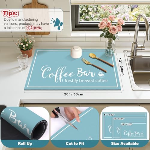 Findosom Dish Drying Mat, 12"x 20" Super Absorbent & Hide Stain Coffee Mat, Cuttable Drying Mat for Kitchen Counter, Coffee Bar Accessories, Under Dish Rack, Coffee Maker, Espresso Machine, Blue - Image 2