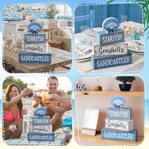Moucuny 4 Pcs Beach Wooden Signs Table Decor with Shell, Tiered Tray - Image 4