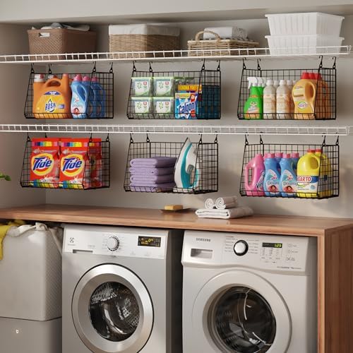 Sonyabecca 3-Pack Hanging Laundry Baskets, Foldable Metal Wire Shelves with 360° Rotating Hooks, Space-Saving Over Washer/Dryer or Closet Storage for Laundry Room & Closet Organization, Black - Image 3