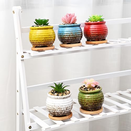 3.5 Inch Ceramic Succulent Planter Pot with Drainage Hole & Bamboo Tray - Mini Round Small Plant Pot for Indoor Desktop, Cactus Flower Container (Plant and Soil Not Included)，Red - Image 2