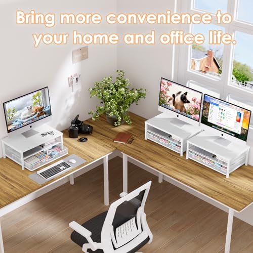 OPNICE Computer Monitor Stand Riser, Desk Organizer with Drawer, Printer & Laptop Stand, Office Desk Accessories & Workspace Desktop Organizers Storage for Office Supplies(White) - Image 4