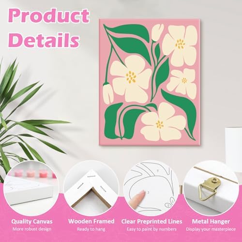 goldentime 4 Pack Framed Paint by Numbers Kit for Adults Beginner & Kids | Flowers Easy Adult Paint by Number Kits on Canvas with Frame | 8x10 Inch Floral Canvas Painting for Home Décor Gift - Image 3