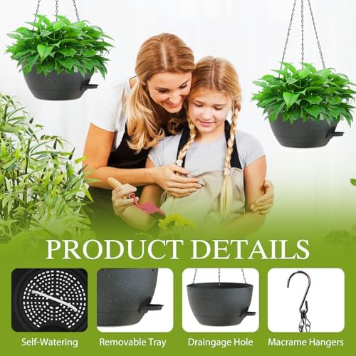 12 Inch Hanging Baskets 2 PC with Chains, Self-Watering Hanging Planters for Indoor Outdoor Plants, Plastic Hanging Flower Pots, Black with Green Speckles - Image 3